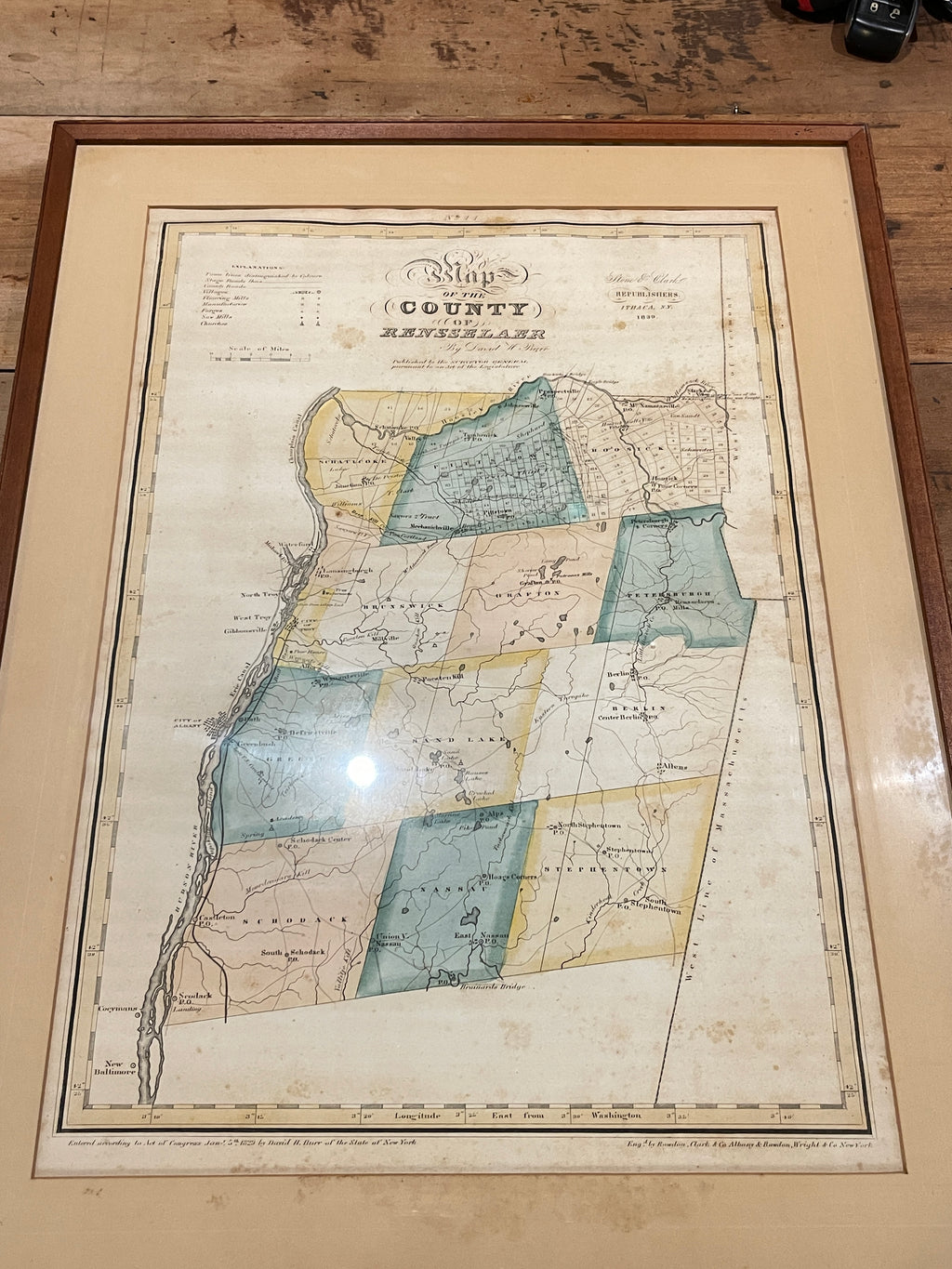 Antique 1839 David H. Burr Map of Rensselaer County NY - Framed with Original Statistical View