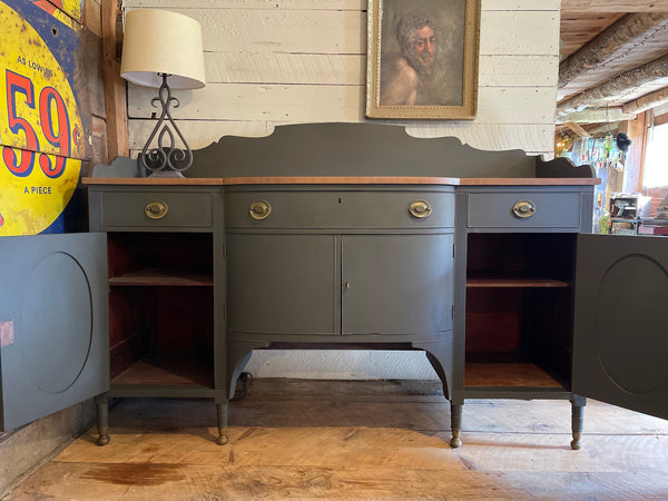Federal-Style Mahogany Buffet & Secretary in Signature Charcoal Gray – Original Brass Hardware, Removable Backsplash & Stenciled Detailing