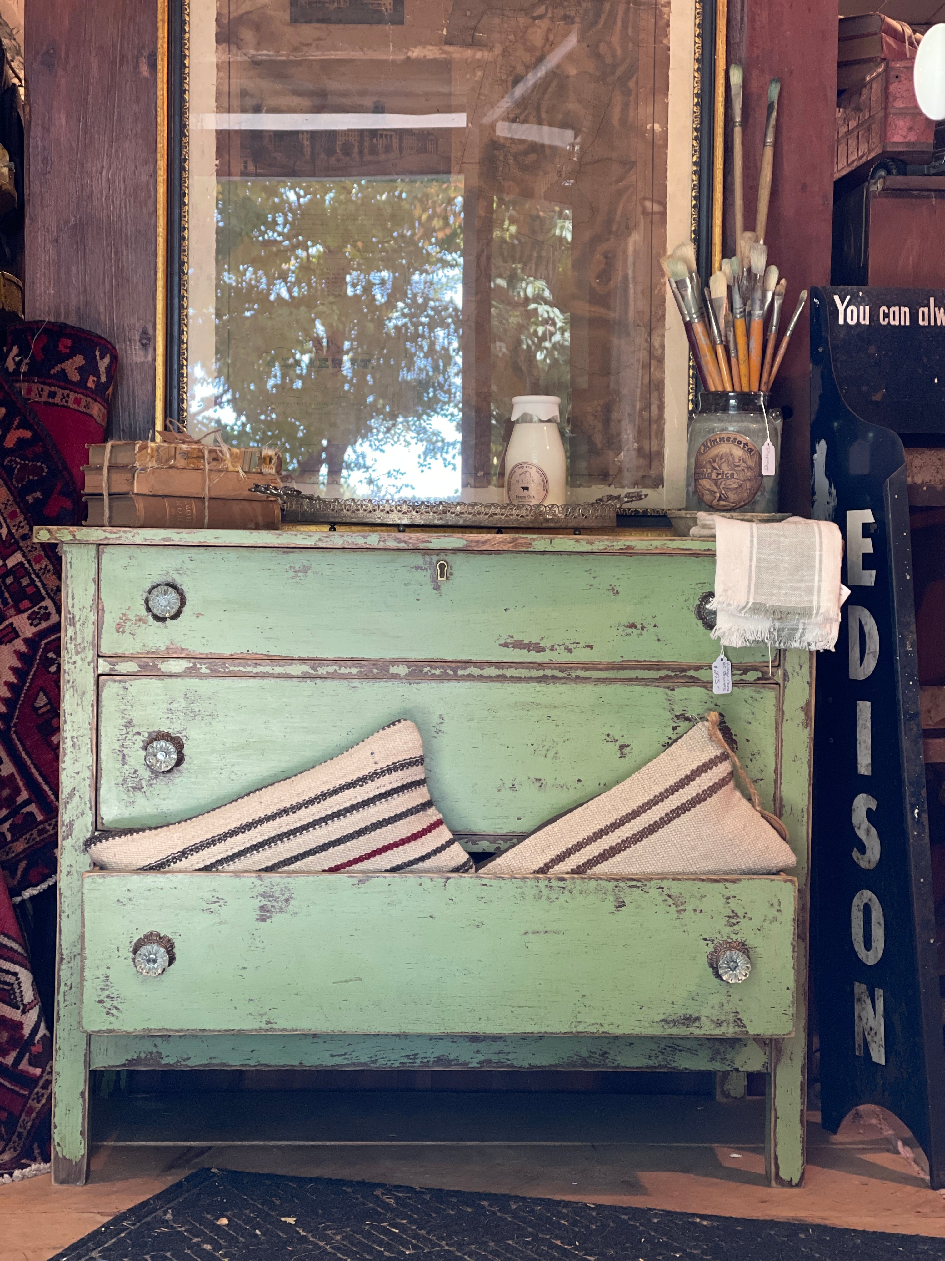 Chippy Farmhouse Dresser in “Meadow Mist Green” with Glass Knobs – Furniture by The Olde 1840