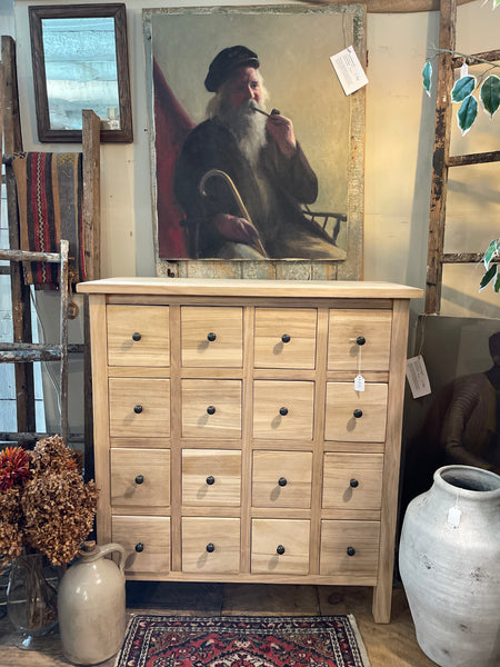 Natural Wood Apothecary Cabinet with 16 Drawers – Bohemian & Farmhouse Style