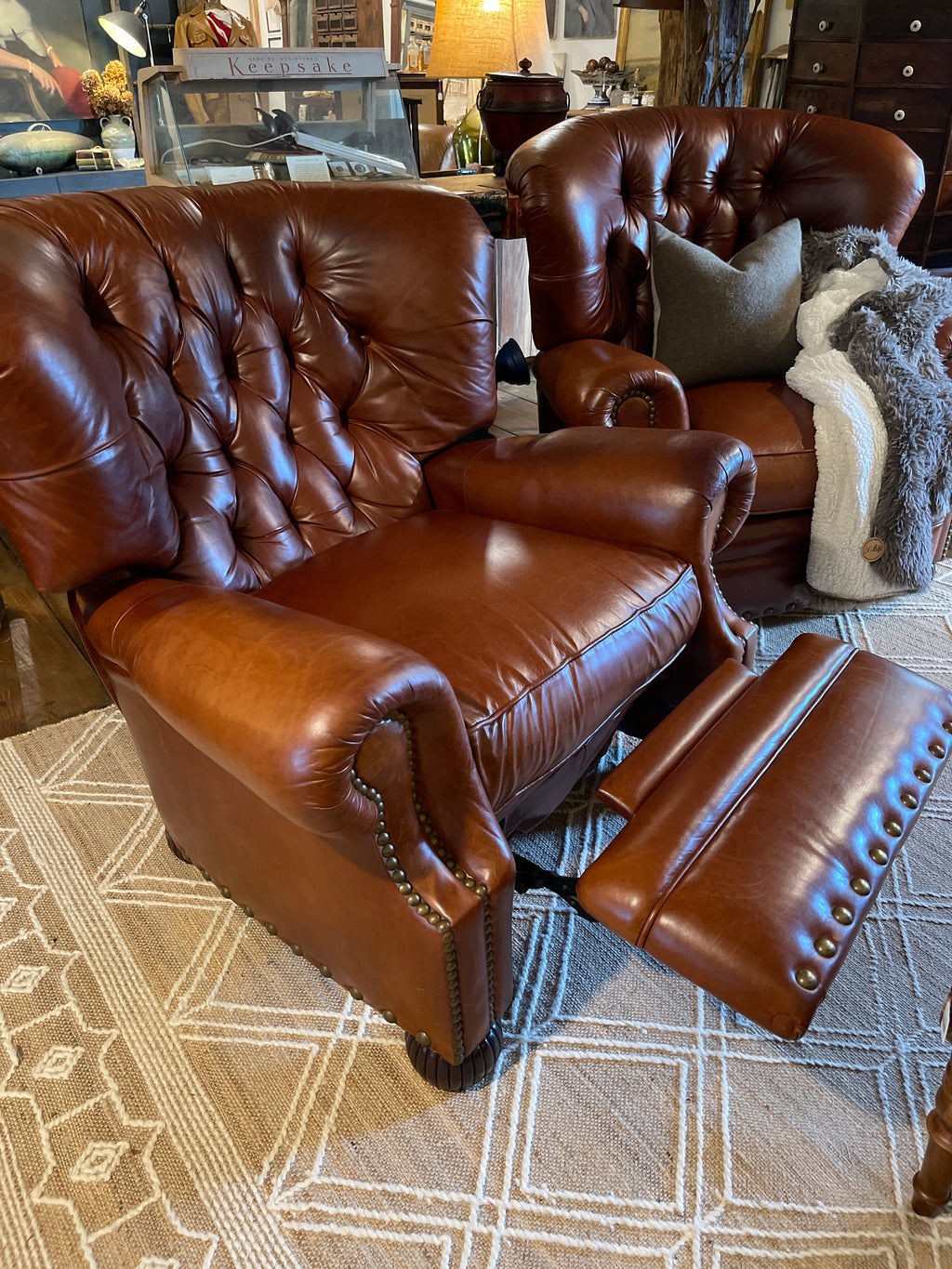 Vintage Alexander Taylor Tufted Brown Leather Recliner Armchair