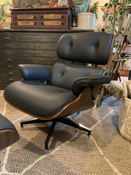 Mid-Century Modern Eames-Style Lounge Chair & Ottoman – Walnut & Black Leather Replica (Brand New)