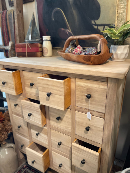 Natural Wood Apothecary Cabinet with 16 Drawers – Bohemian & Farmhouse Style