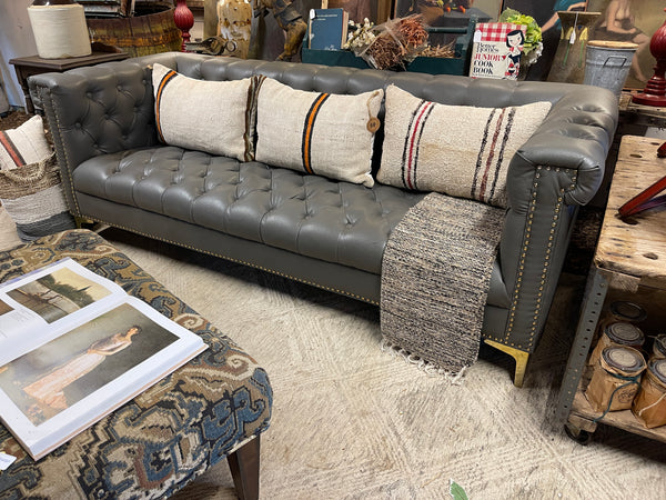 Modern Chesterfield Tufted Leather Sofa with Gold Nailhead & Leg Accents