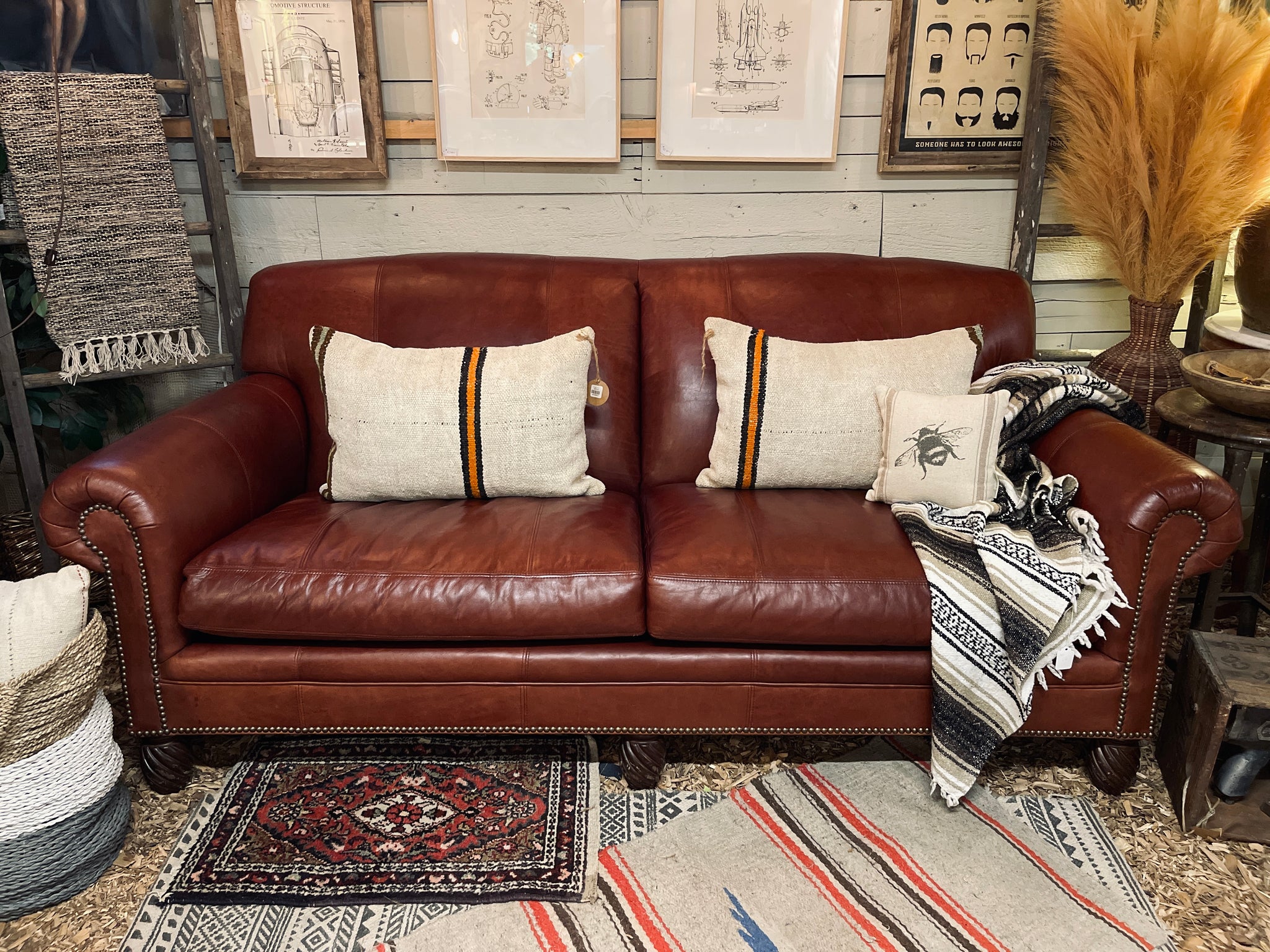 Custom Leather Sofa with Turned Legs
