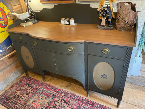 Federal-Style Mahogany Buffet & Secretary in Signature Charcoal Gray – Original Brass Hardware, Removable Backsplash & Stenciled Detailing