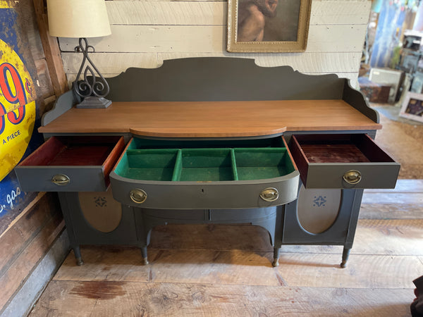 Federal-Style Mahogany Buffet & Secretary in Signature Charcoal Gray – Original Brass Hardware, Removable Backsplash & Stenciled Detailing