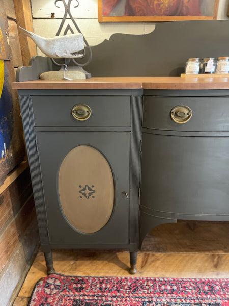 Federal-Style Mahogany Buffet & Secretary in Signature Charcoal Gray – Original Brass Hardware, Removable Backsplash & Stenciled Detailing