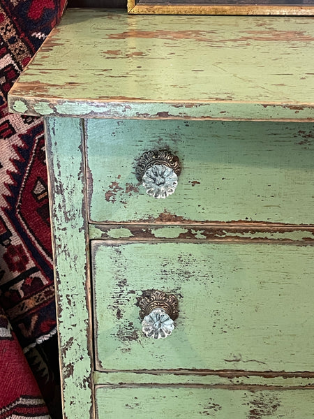 Chippy Farmhouse Dresser in “Meadow Mist Green” with Glass Knobs