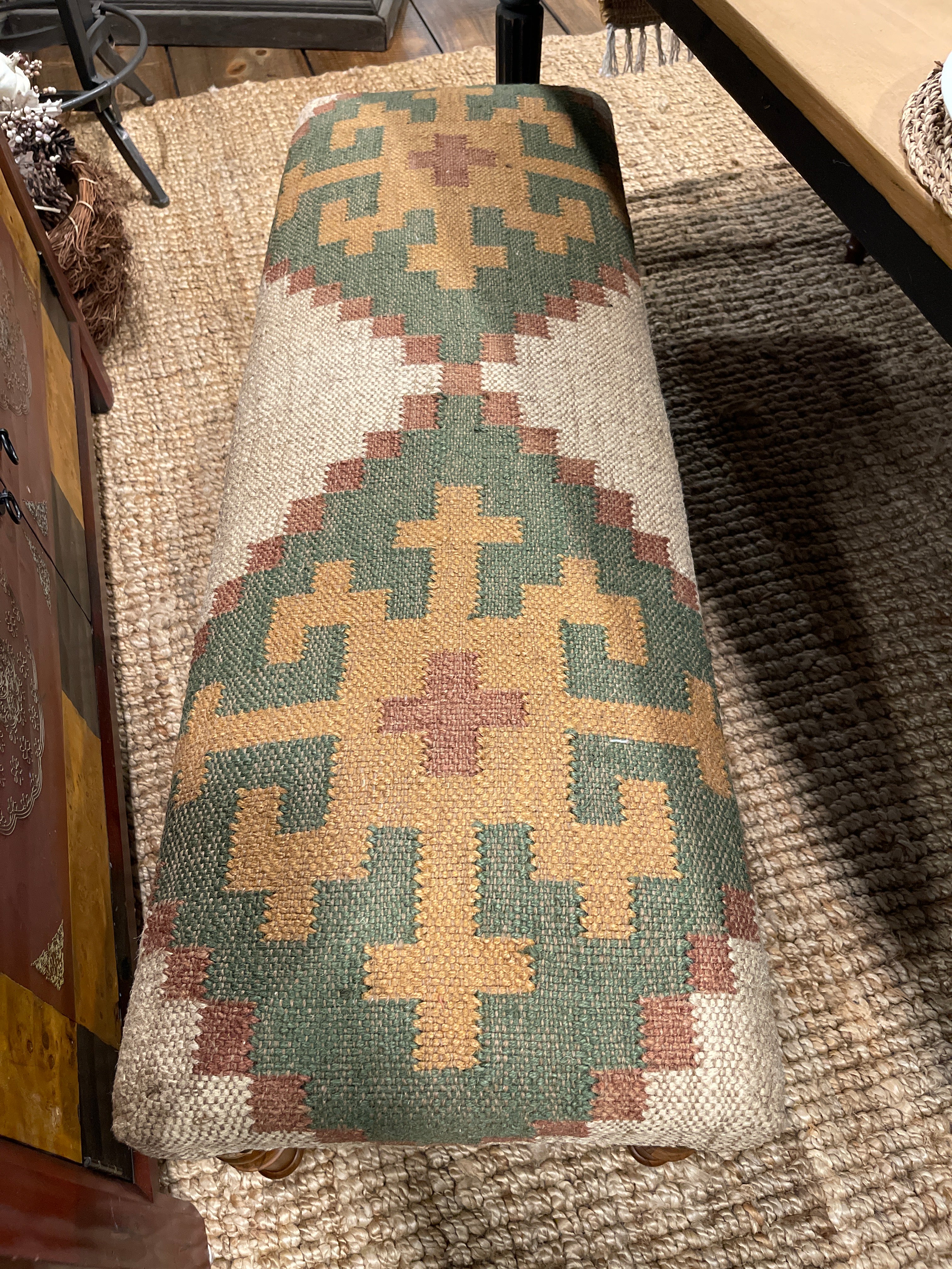 Sage Green & Tan Geometric Kilim Upholstered Bench | 48" Accent Seating