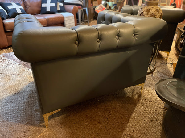 Modern Chesterfield Tufted Leather Club Chair with Gold Nailhead & Leg Accents