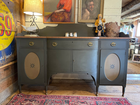 Federal-Style Mahogany Buffet & Secretary in Signature Charcoal Gray – Original Brass Hardware, Removable Backsplash & Stenciled Detailing