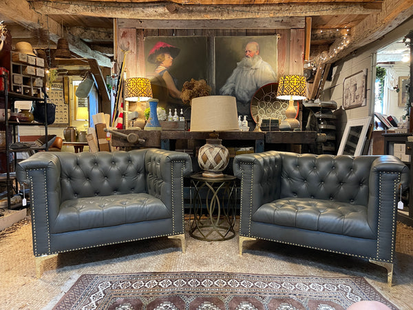 Modern Chesterfield Tufted Leather Club Chair with Gold Nailhead & Leg Accents