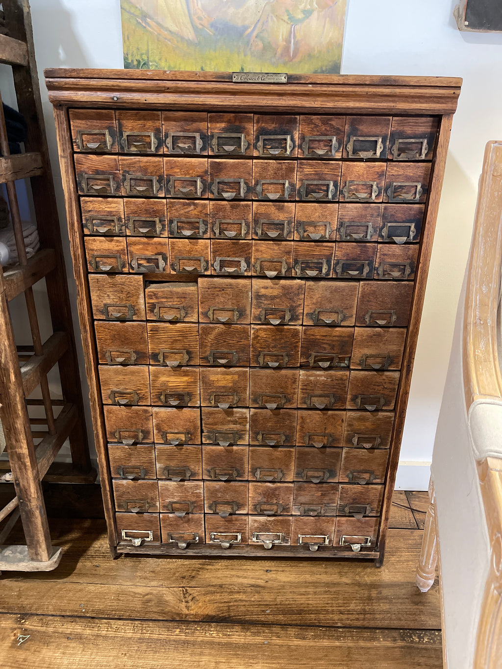 Antique W.C. Heller & Co. 54-Drawer Oak Hardware Cabinet