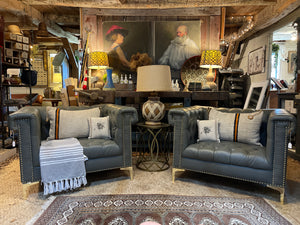 Modern Chesterfield Tufted Leather Club Chair with Gold Nailhead & Leg Accents
