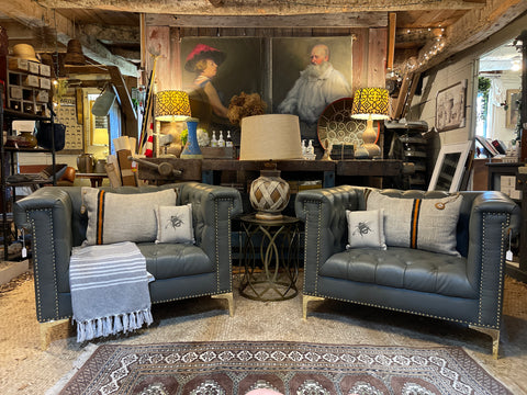 Modern Chesterfield Tufted Leather Club Chair with Gold Nailhead & Leg Accents