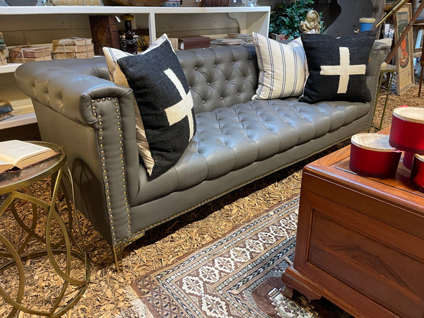 Modern Chesterfield Tufted Leather Sofa with Gold Nailhead & Leg Accents