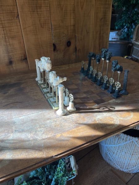 Antique Folding Upholstery Measuring Table with Inlaid Chessboard & Chess Pieces