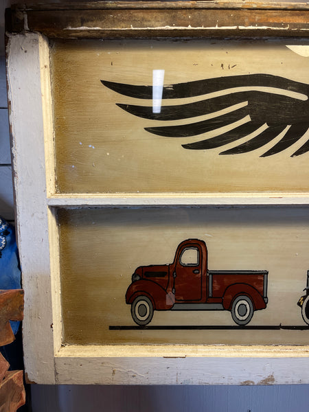 Vintage Hand-Painted “Pop’s Garage” Sign on Repurposed Window Wall Art