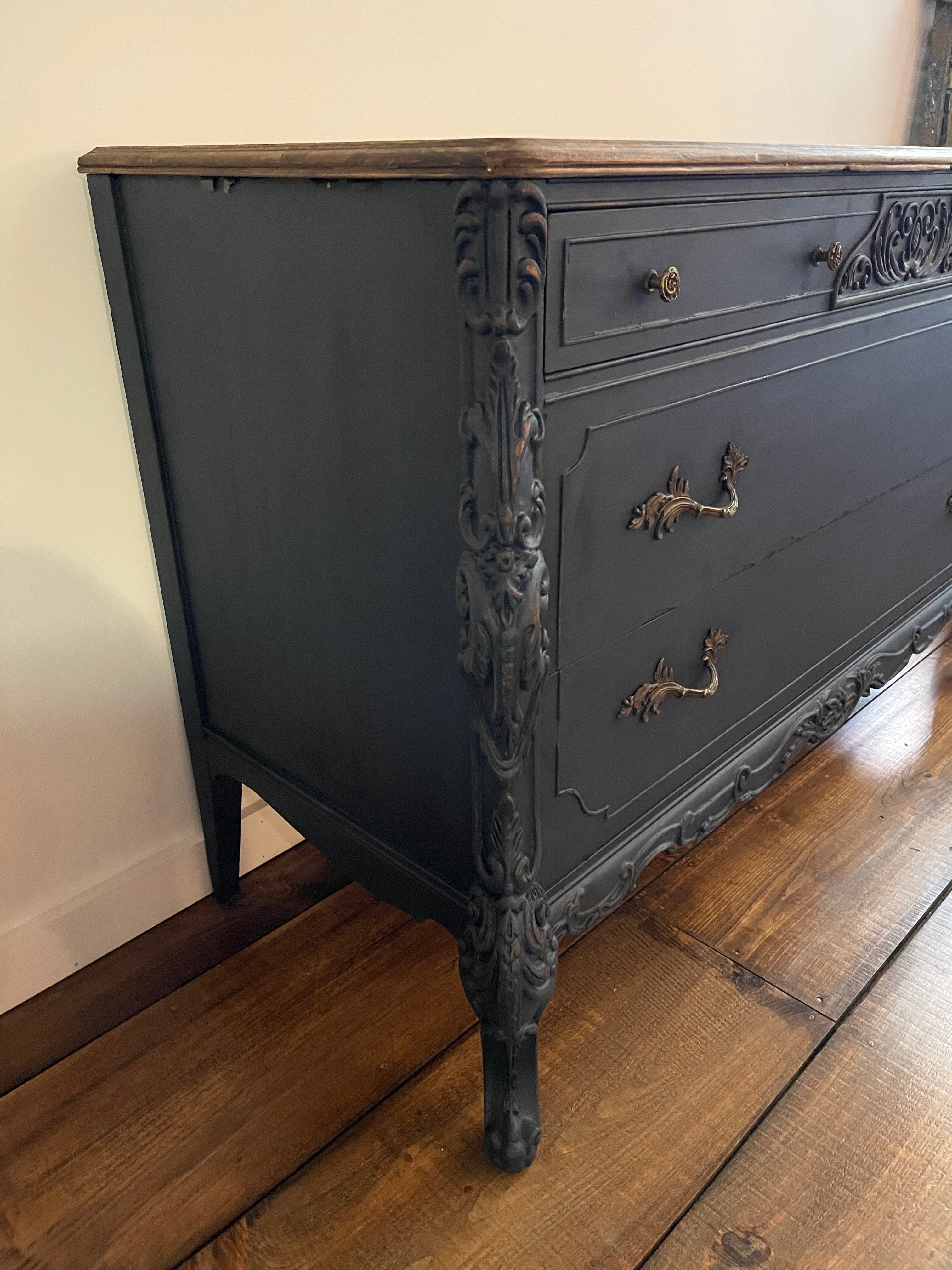 Antique Blue Buffet Sideboard with Natural Top