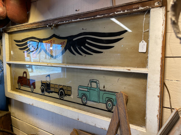 Vintage Hand-Painted “Pop’s Garage” Sign on Repurposed Window Wall Art