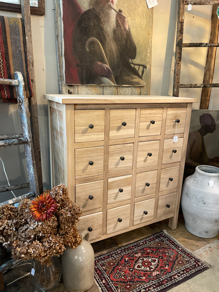 Natural Wood Apothecary Cabinet with 16 Drawers – Bohemian & Farmhouse Style