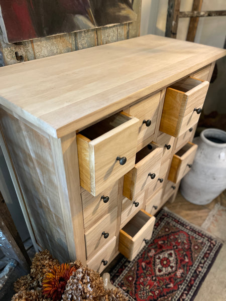 Natural Wood Apothecary Cabinet with 16 Drawers – Bohemian & Farmhouse Style