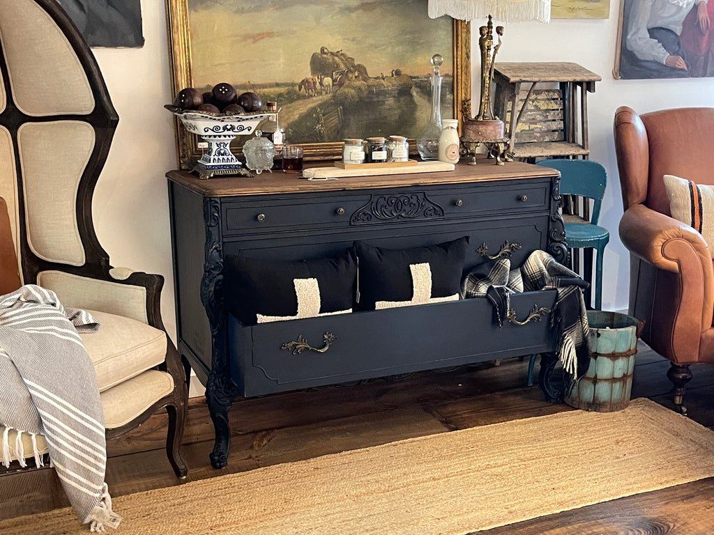 Antique Blue Buffet Sideboard with Natural Top