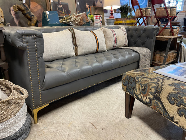 Modern Chesterfield Tufted Leather Sofa with Gold Nailhead & Leg Accents