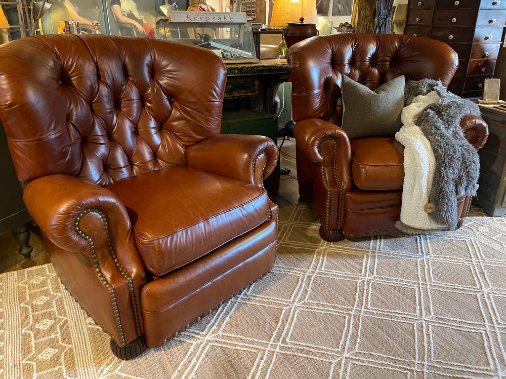 Vintage Alexander Taylor Tufted Brown Leather Recliner Armchair