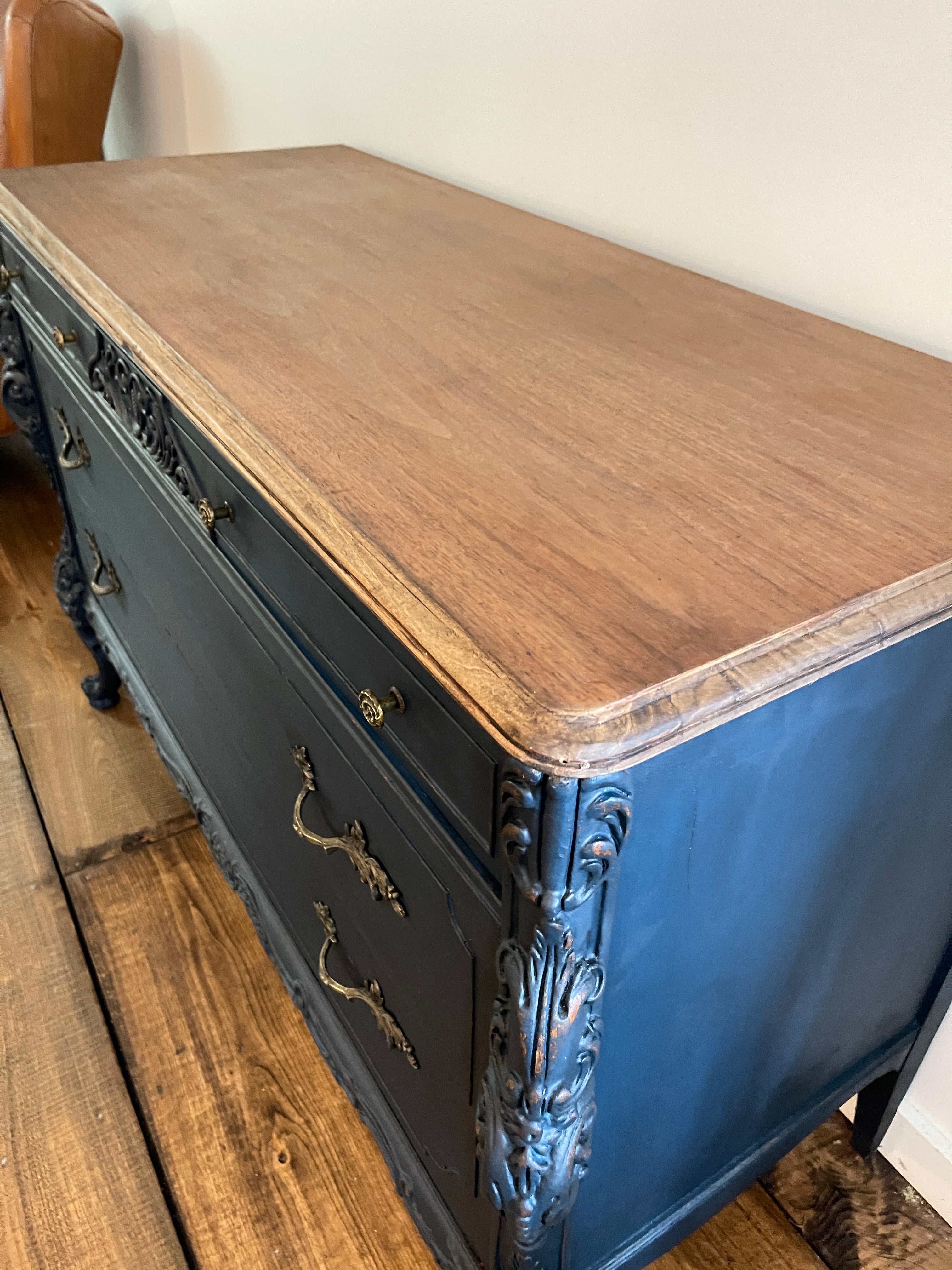 Antique Blue Buffet Sideboard with Natural Top