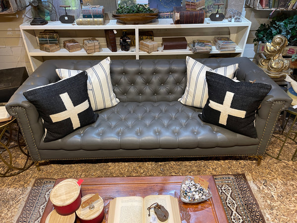 Modern Chesterfield Tufted Leather Sofa with Gold Nailhead & Leg Accents
