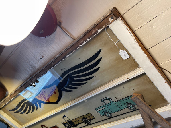 Vintage Hand-Painted “Pop’s Garage” Sign on Repurposed Window Wall Art