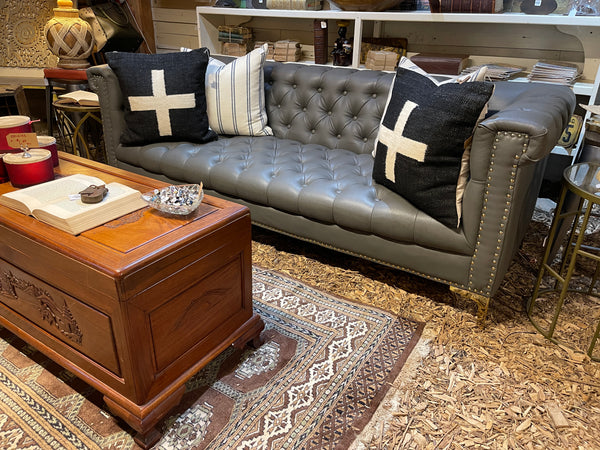 Modern Chesterfield Tufted Leather Sofa with Gold Nailhead & Leg Accents
