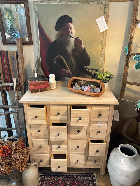 Natural Wood Apothecary Cabinet with 16 Drawers – Bohemian & Farmhouse Style