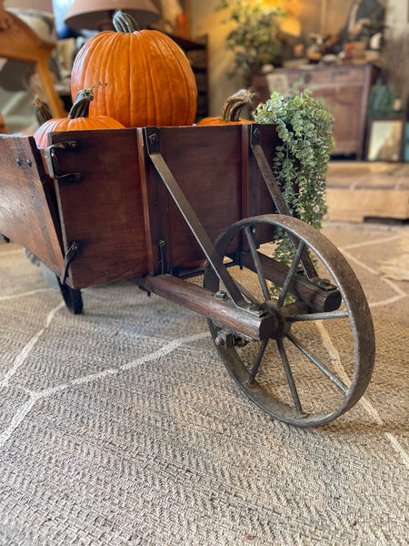 Antique Wooden & Iron Wheelbarrow with Removable Side Panels – Rustic Farmhouse Décor