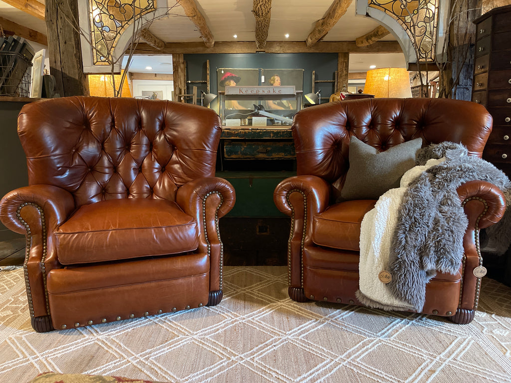 Vintage Alexander Taylor Tufted Brown Leather Recliner Armchair