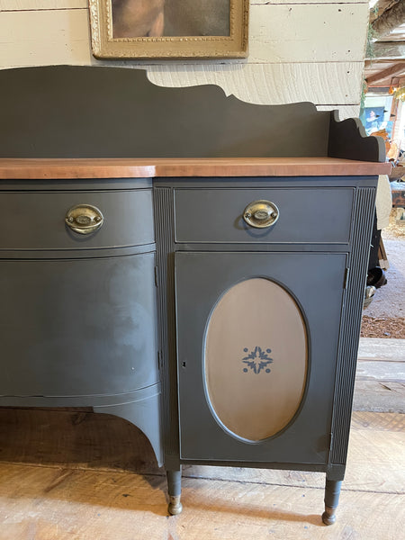 Federal-Style Mahogany Buffet & Secretary in Signature Charcoal Gray – Original Brass Hardware, Removable Backsplash & Stenciled Detailing
