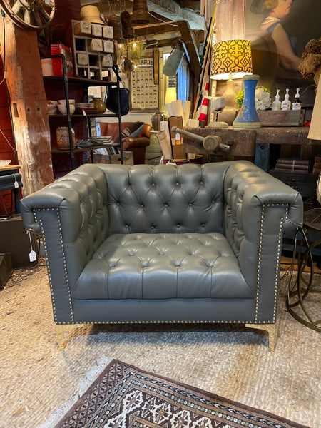 Modern Chesterfield Tufted Leather Club Chair with Gold Nailhead & Leg Accents