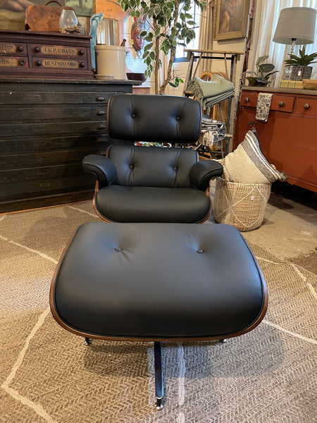 Mid-Century Modern Eames-Style Lounge Chair & Ottoman – Walnut & Black Leather Replica (Brand New)