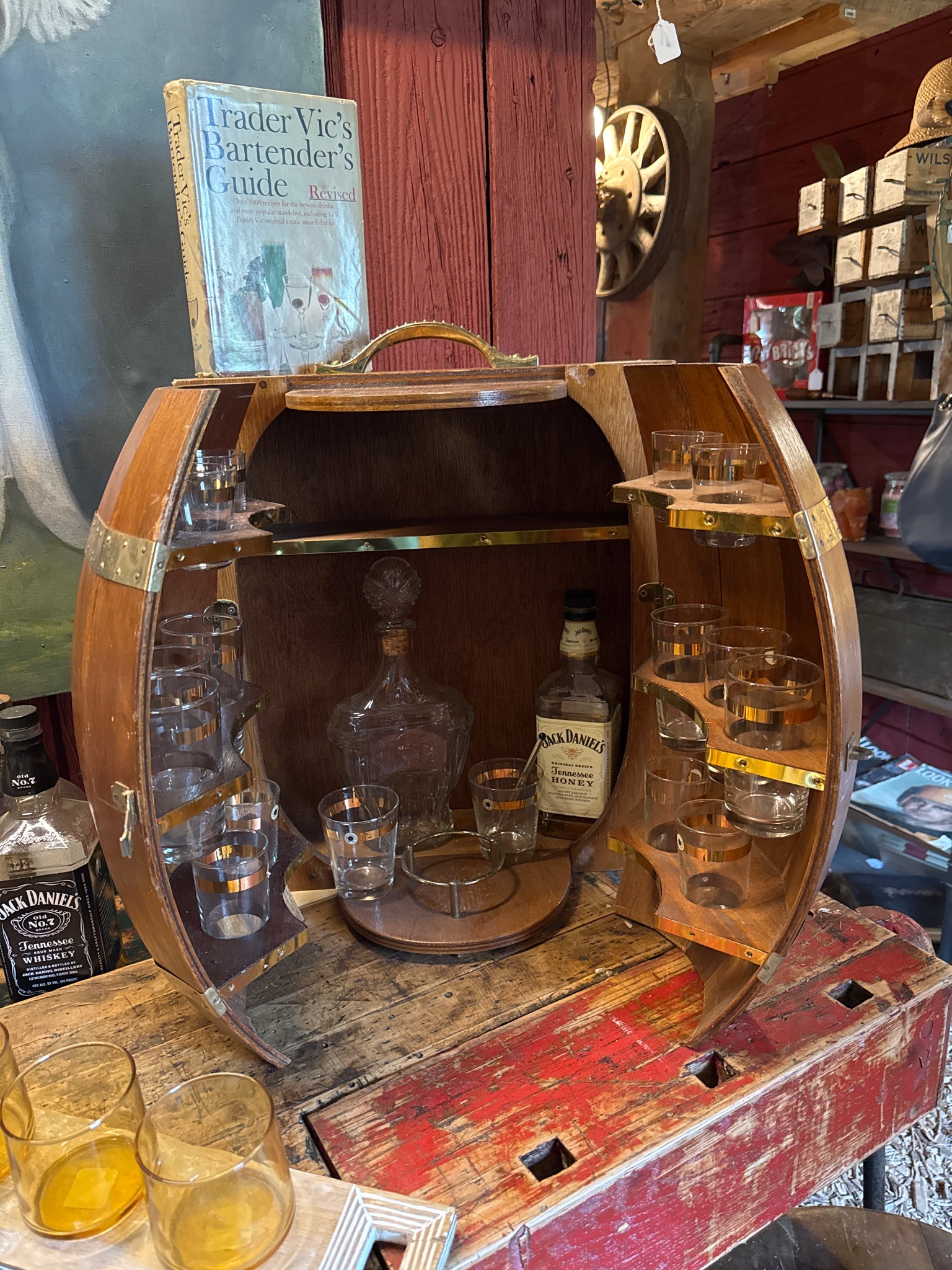 Vintage Mid Century Wood Whisky Barrel Wall Hanging Bar Cabinet Shot Glass Case