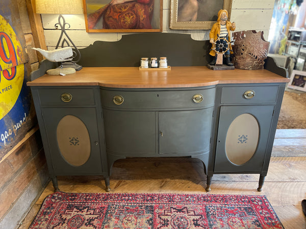Federal-Style Mahogany Buffet & Secretary in Signature Charcoal Gray – Original Brass Hardware, Removable Backsplash & Stenciled Detailing