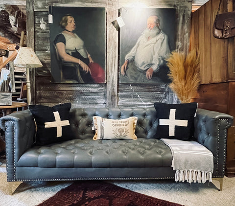 Modern Chesterfield Tufted Leather Sofa with Gold Nailhead & Leg Accents