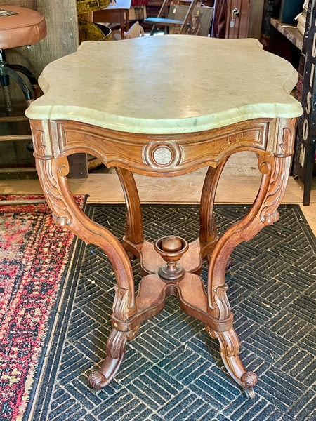 Victorian Marble-Top Accent Table with Ornate Carved Base, c. 19th Century