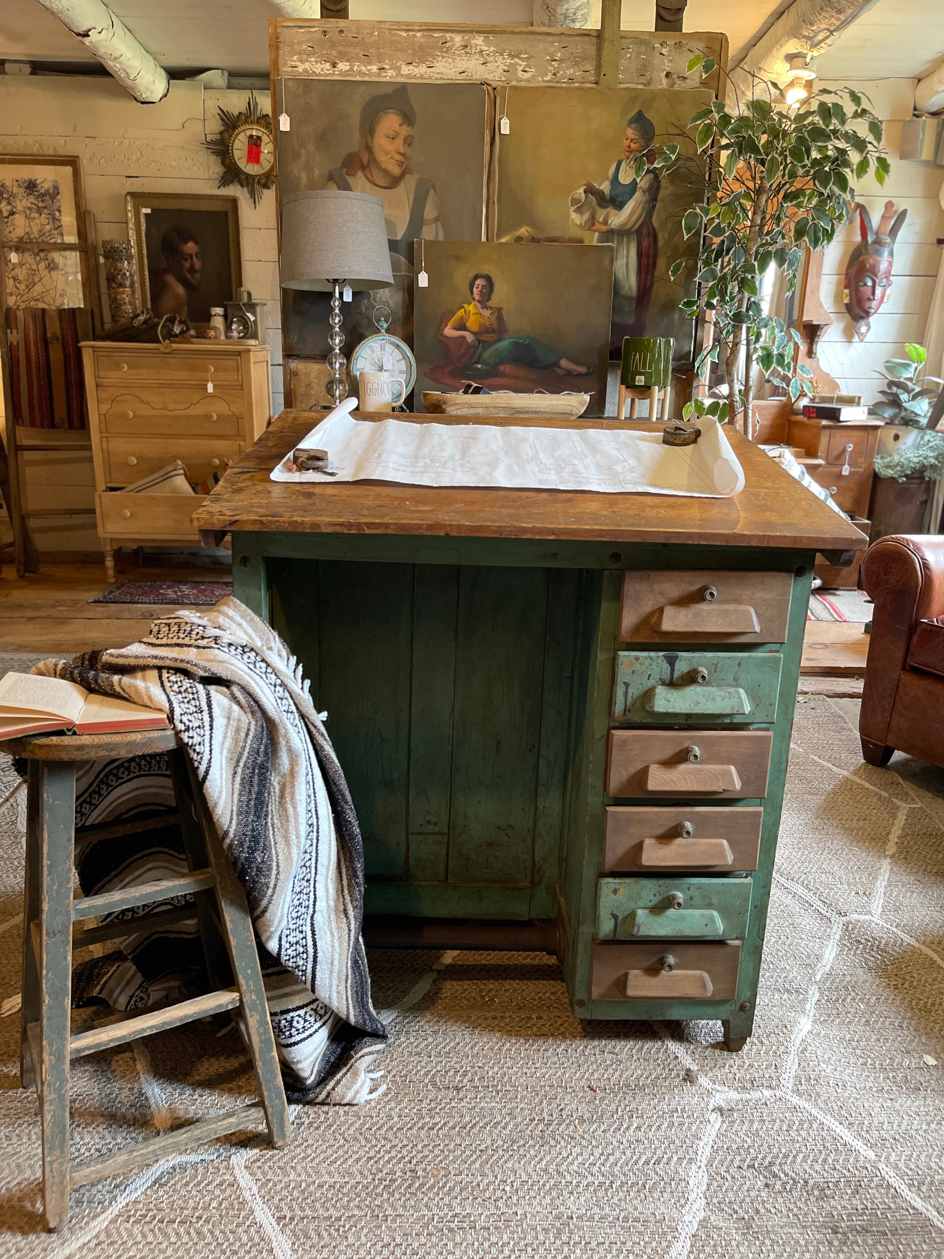 Antique adjustable drafting table with green patina finish