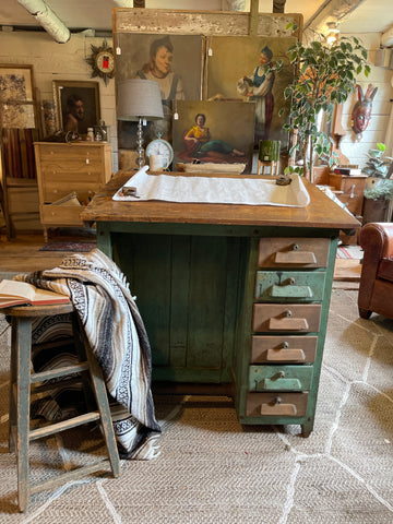Antique Adjustable Drafting Table with Locking Drawers & Storage Cabinet – Green Patina Finish