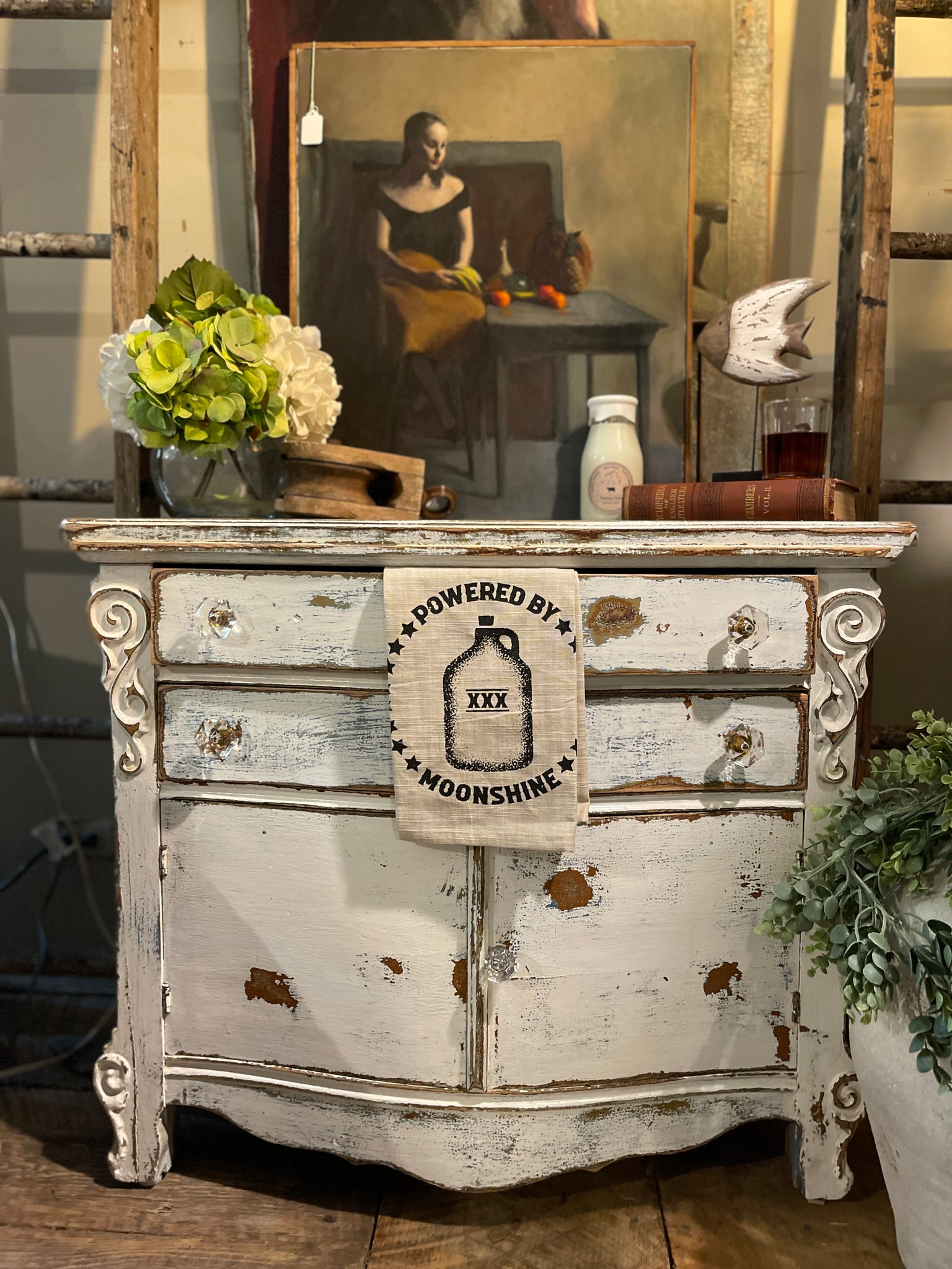 Farmhouse Heirloom Cabinet in Weathered Lime-wash Finish – Glass Knobs & Scrolled Detail