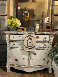 Farmhouse Heirloom Cabinet in Weathered Lime-wash Finish – Glass Knobs & Scrolled Detail