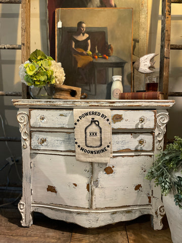 Farmhouse Heirloom Cabinet in Weathered Lime-wash Finish – Glass Knobs & Scrolled Detail
