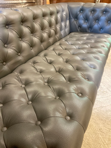 Modern Chesterfield Tufted Leather Sofa with Gold Nailhead & Leg Accents